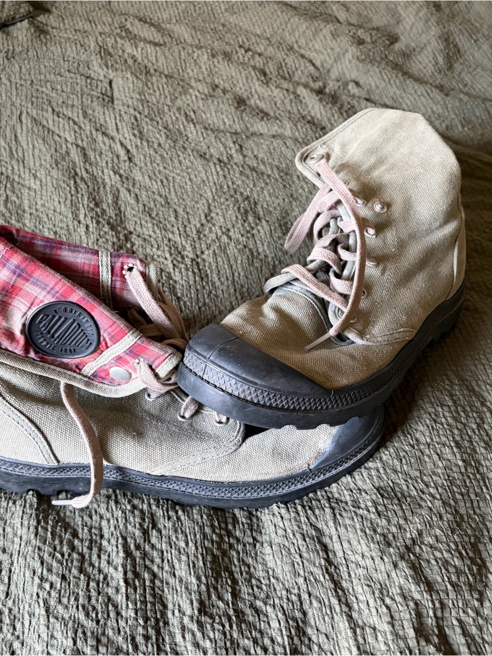 Palladium Red Plaid High-Top with Olive Trim